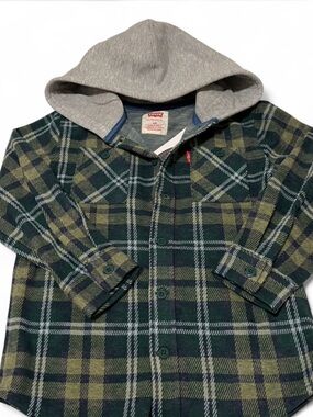 Levi's Boys Green and Gray Plaid Hooded Button-Down Shirt